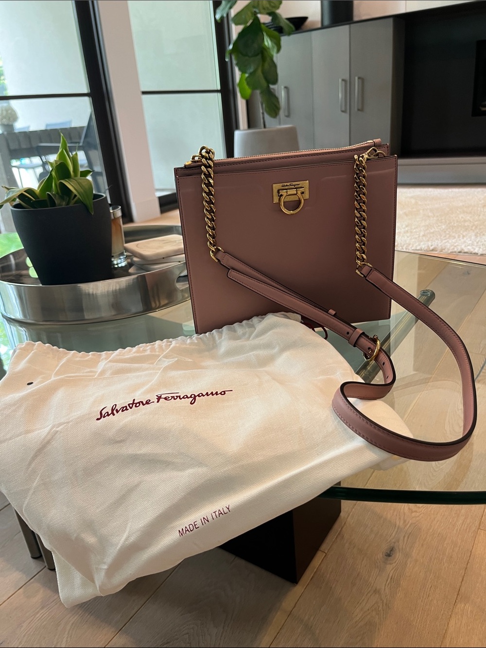 Salvatore Ferragamo Dusty Rose Leather Chain Crossbody Bag
